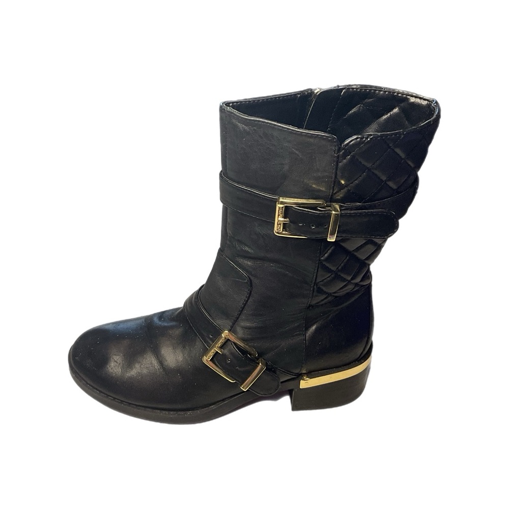 VINCE CAMUTO Wilamena Black Leather Goldtone Buckle Quilted Mid Calf Boot 5.5M - Picture 3 of 15